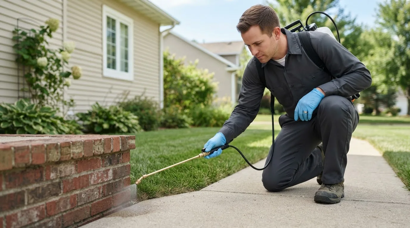 Pest control technician treating a home near Mossville, IL