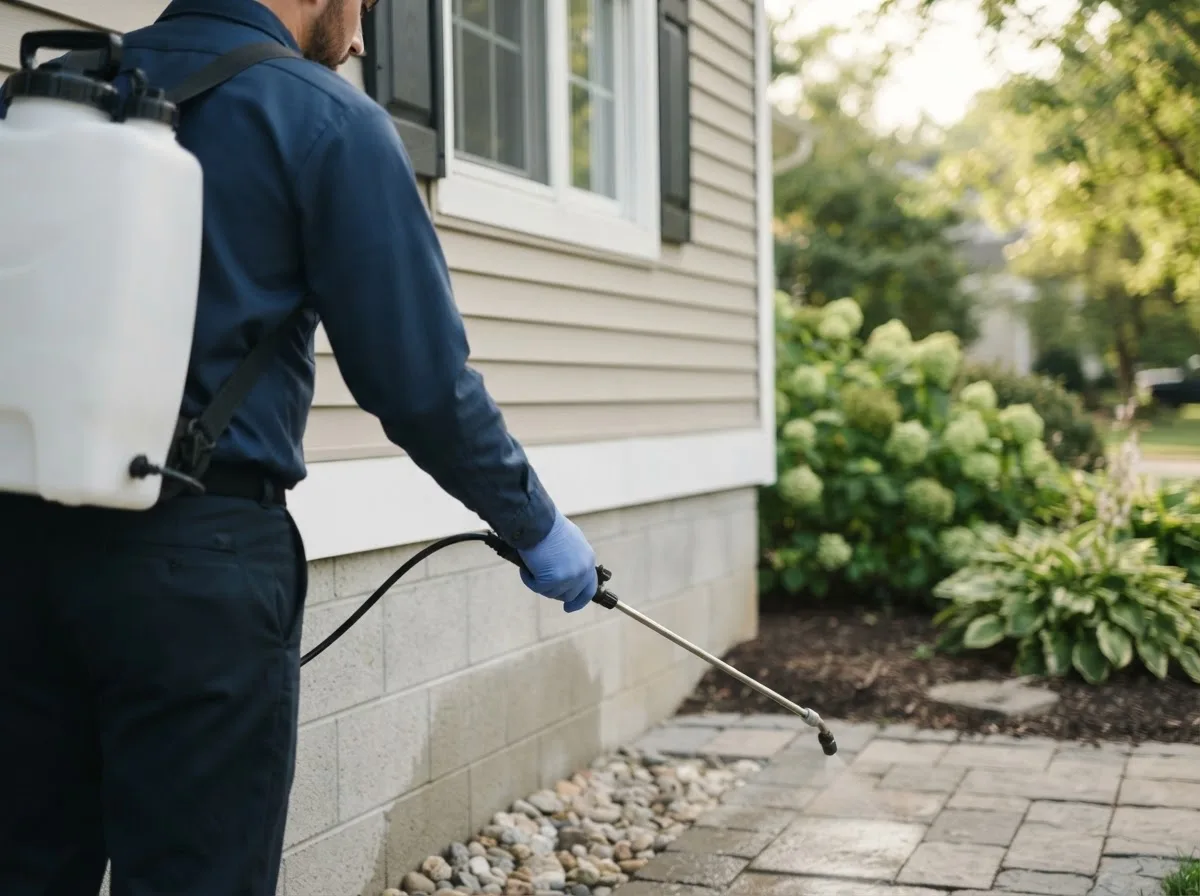 Pest control technician inspecting a home in Mossville, IL